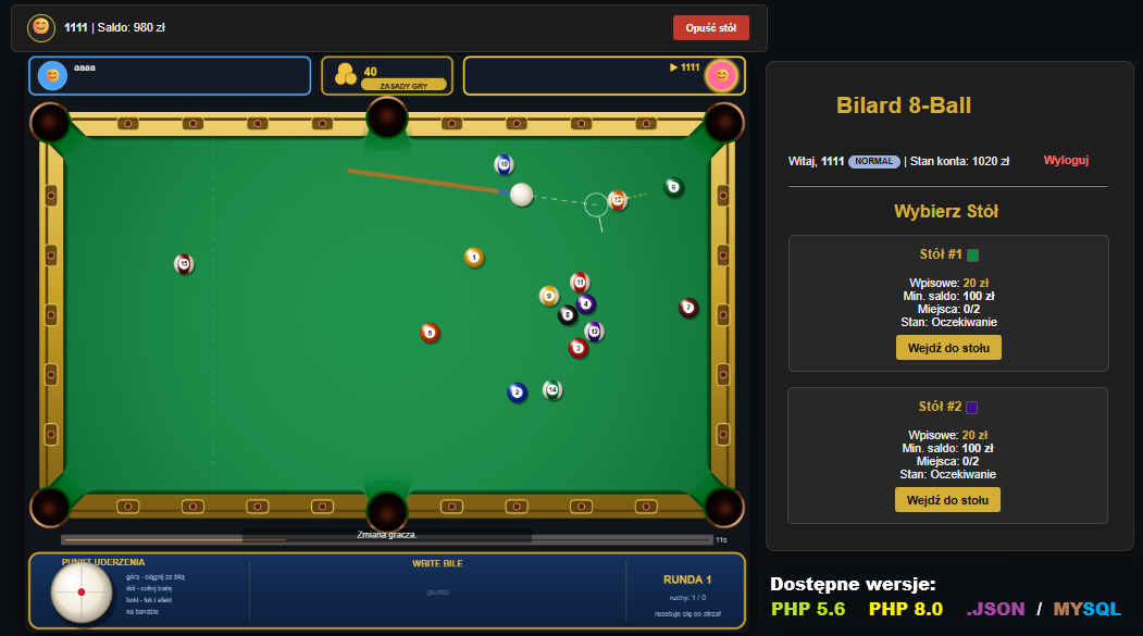 Ekran gry — stół 8-ball, pasek graczy, panel punktu uderzenia